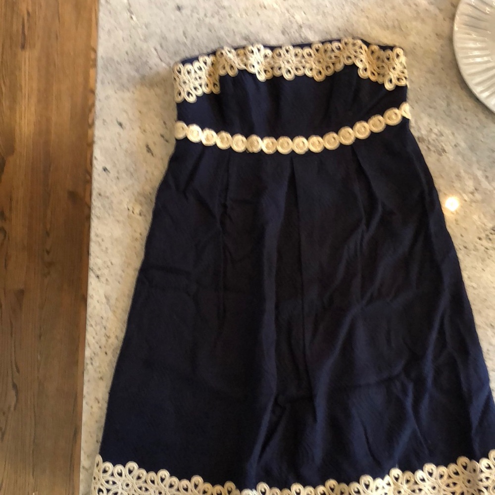 Lily Pulitzer Navy and Gold Strapless Dress